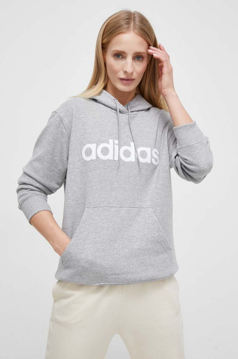 adidas bluza bawełniana damska kolor szary z kapturem z nadrukiem IC6884