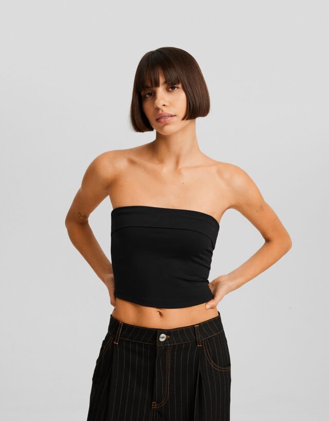 Bershka Top Bandeau Z Wywiniętym Brzegiem Kobieta L Czarny