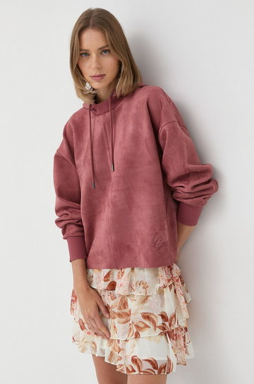 Guess bluza damska kolor różowy z kapturem gładka