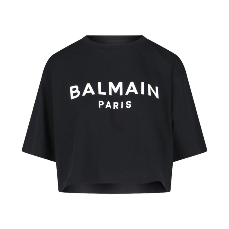 Czarna bawełniana koszulka z białym logo Balmain