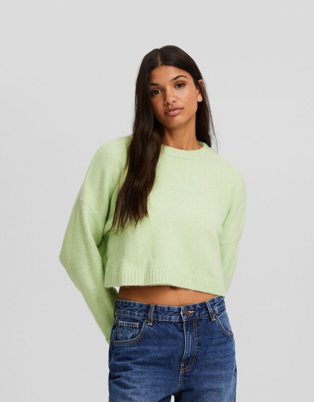 Bershka Krótki Sweter Z Okrągłym Dekoltem Kobieta L Zielony