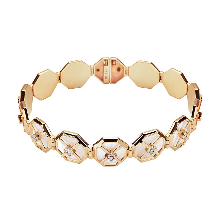 Bransoletka złota z masą perłową i cyrkoniami -Art Deco
