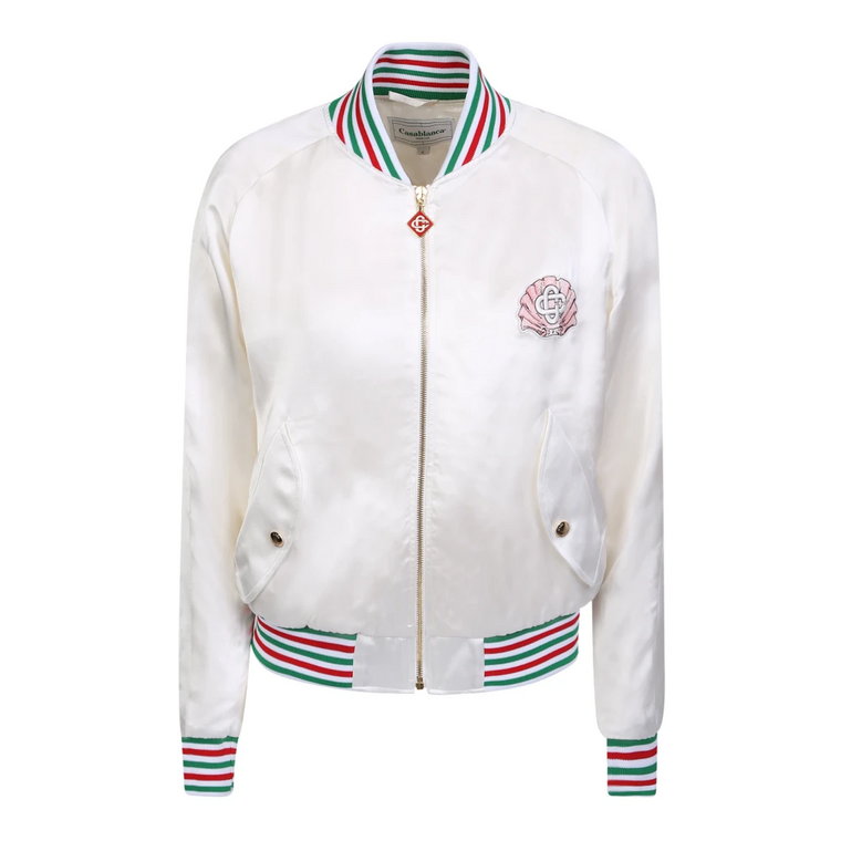 Classic Casablanca white bomber in a shine finish; carefree, vacation-inspired aesthetic Casablanca