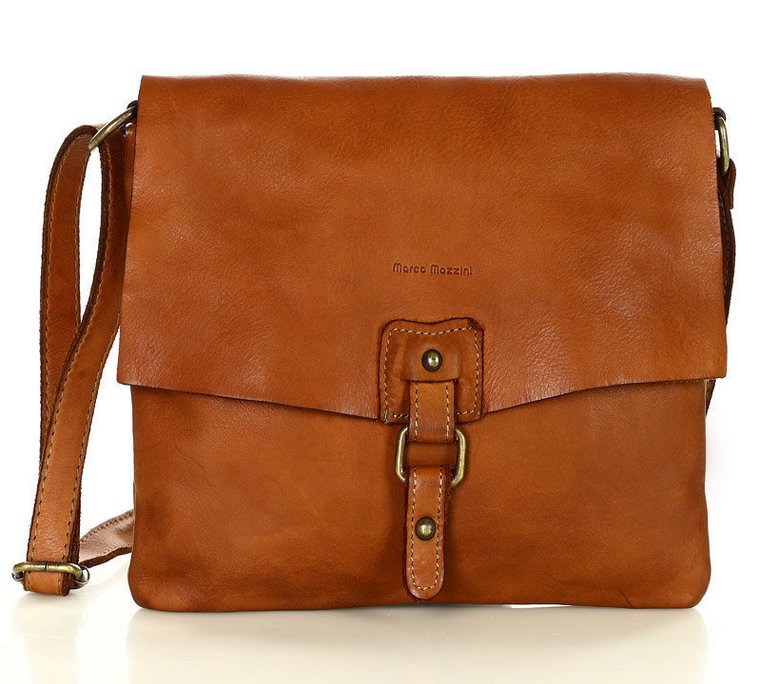 Torebka skórzana listonoszka stylowy minimalizm ala messenger leather bag - MARCO MAZZINI camel