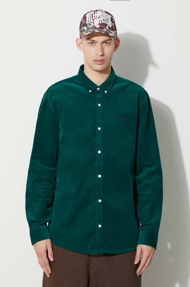 Carhartt WIP koszula sztruksowa Longsleeve Madison Fine Cord Shirt kolor zielony regular z kołnierzykiem button-down I030580.1ZUXX