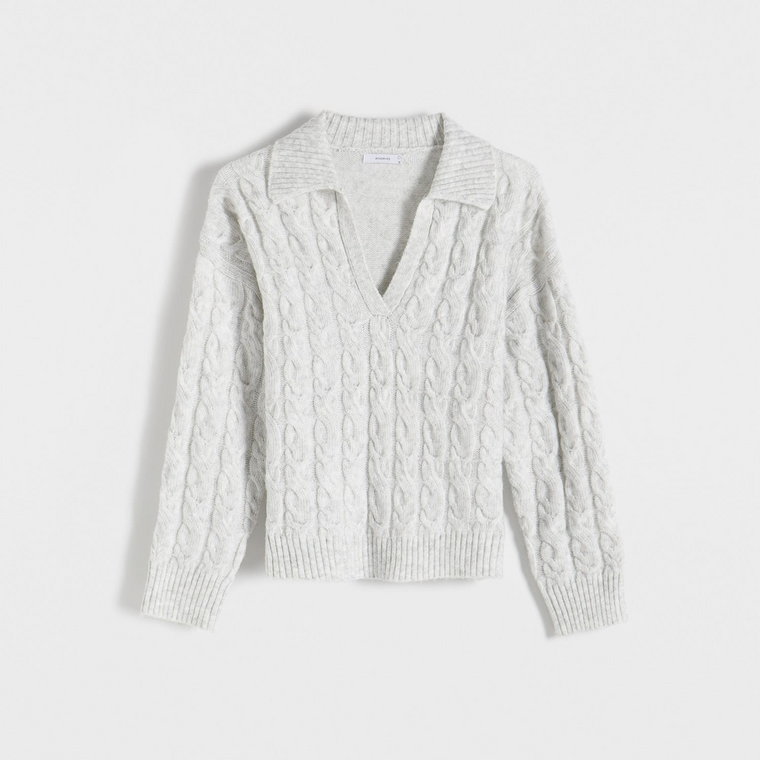 Reserved - Sweter z ozdobnym splotem - jasnoszary