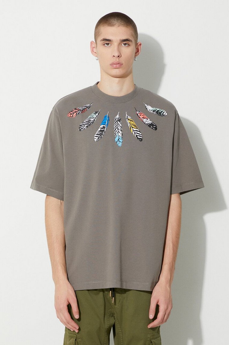 Marcelo Burlon t-shirt bawełniany Collar Feathers męski kolor szary z nadrukiem