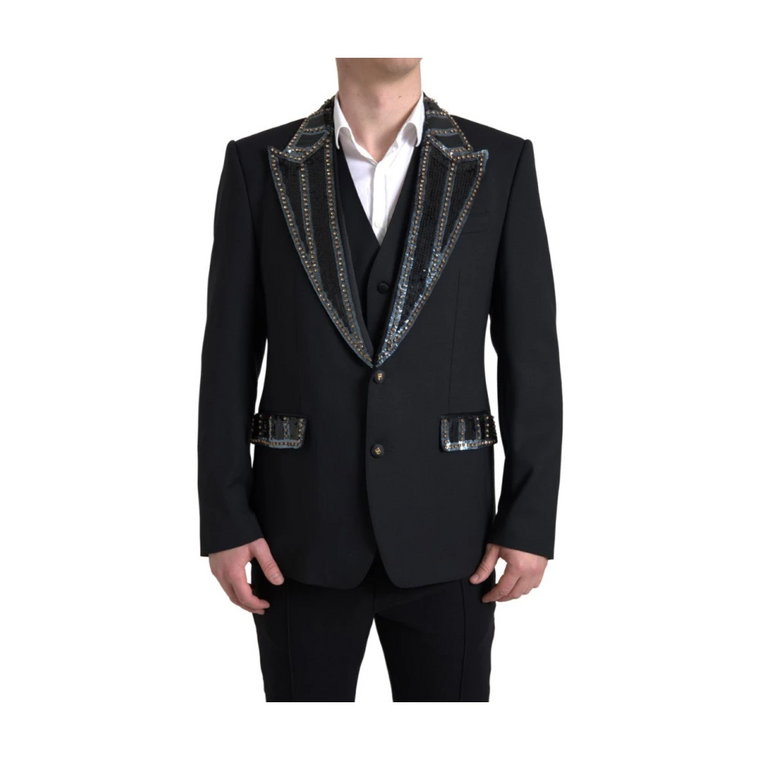 Czarny ozdobiony wełniany dwuczęściowy garnitur Sicilia Dolce & Gabbana