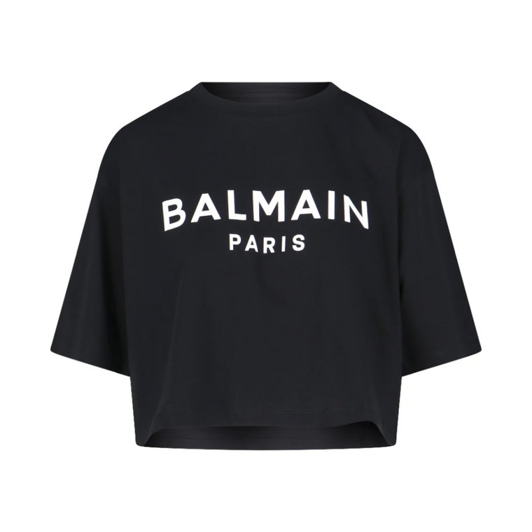 Czarny T-shirt Crop z logo Balmain