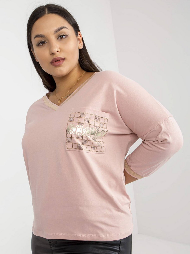 Bluzka plus size jasny różowy casual codzienna dekolt w kształcie V rękaw 3/4 dżety print (nadruk)