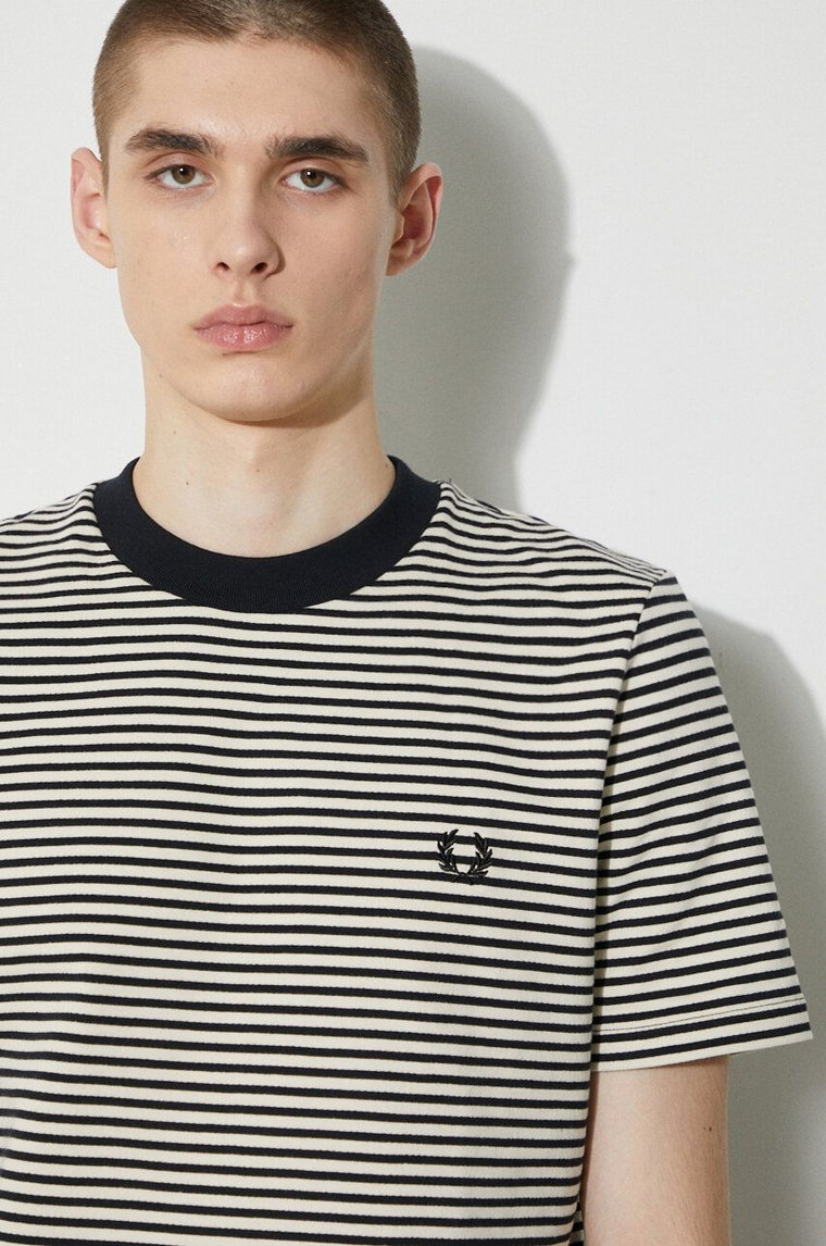 Fred Perry t-shirt bawełniany Fine Stripe Heavy Weight Tee męski kolor beżowy wzorzysty M6581.V54