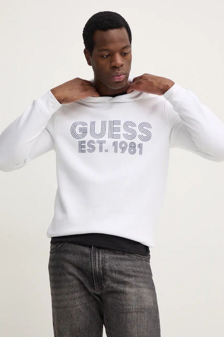 Guess bluza BEAU męska kolor biały z kapturem z nadrukiem M4YQ36 K9Z21