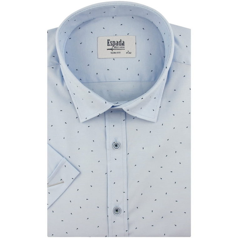 Koszula Męska Elegancka Wizytowa do garnituru błękitna we wzorki z krótkim rękawem w kroju SLIM FIT Espada Men's Wear P023