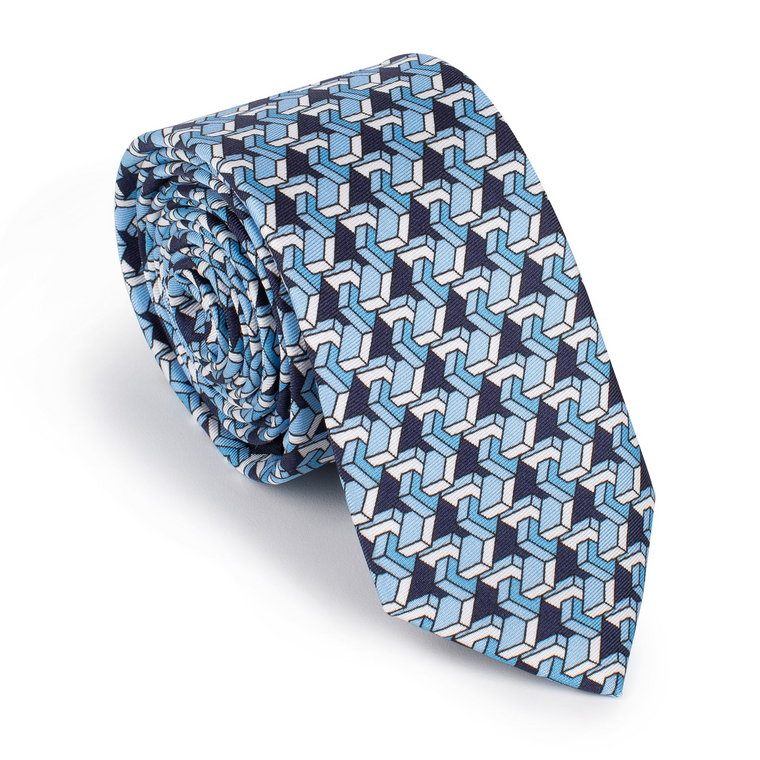 Krawat jedwabny wzorzysty niebiesko-biały