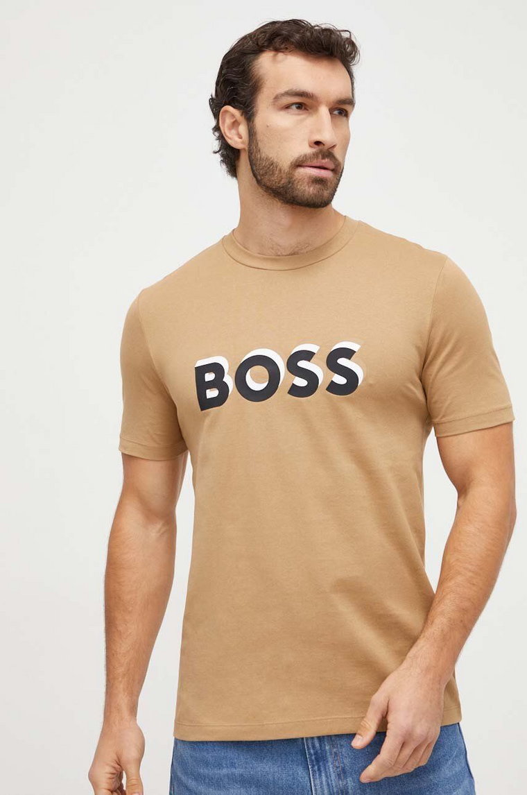 BOSS t-shirt bawełniany męski kolor beżowy z nadrukiem