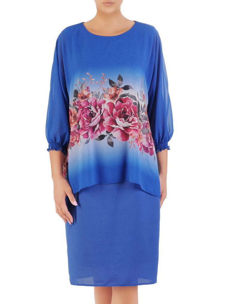 Szyfonowa sukienka z maskującą narzutką i kwiatowym printem 33016