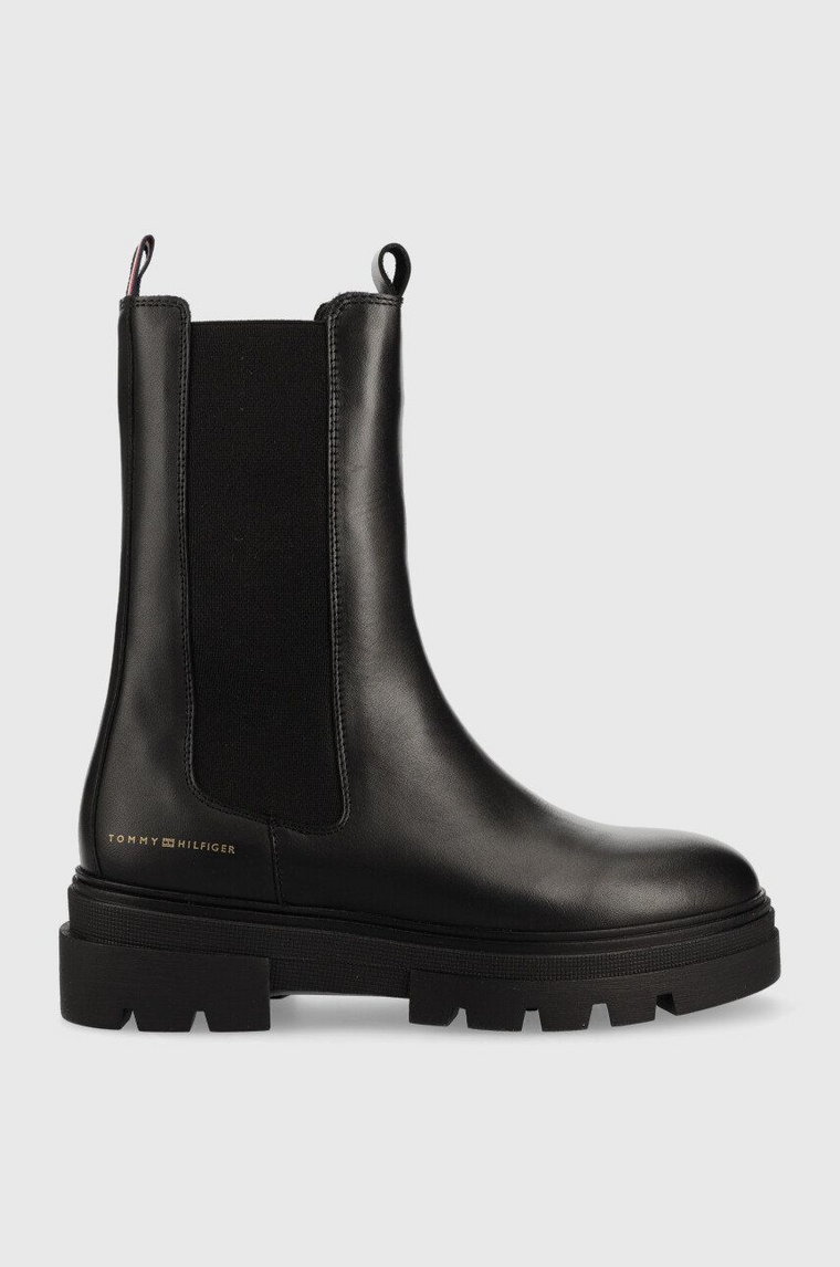 Tommy Hilfiger sztyblety skórzane Monochromatic Chelsea Boot damskie kolor czarny na płaskim obcasie