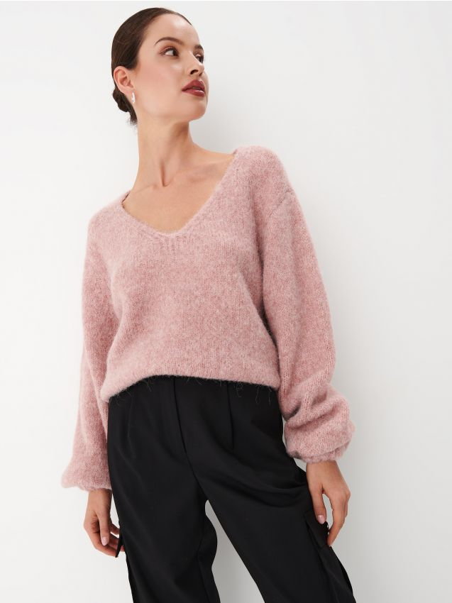 Mohito - Różowy sweter z dekoltem V - pastelowy różowy