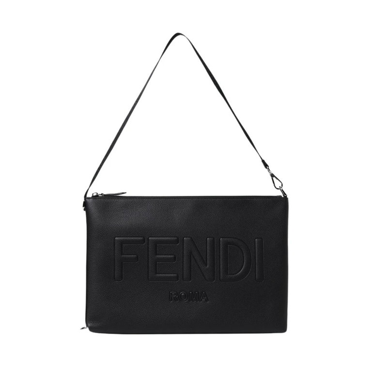 Czarna Skórzana Kopertówka z Wytłoczonym Logo Fendi