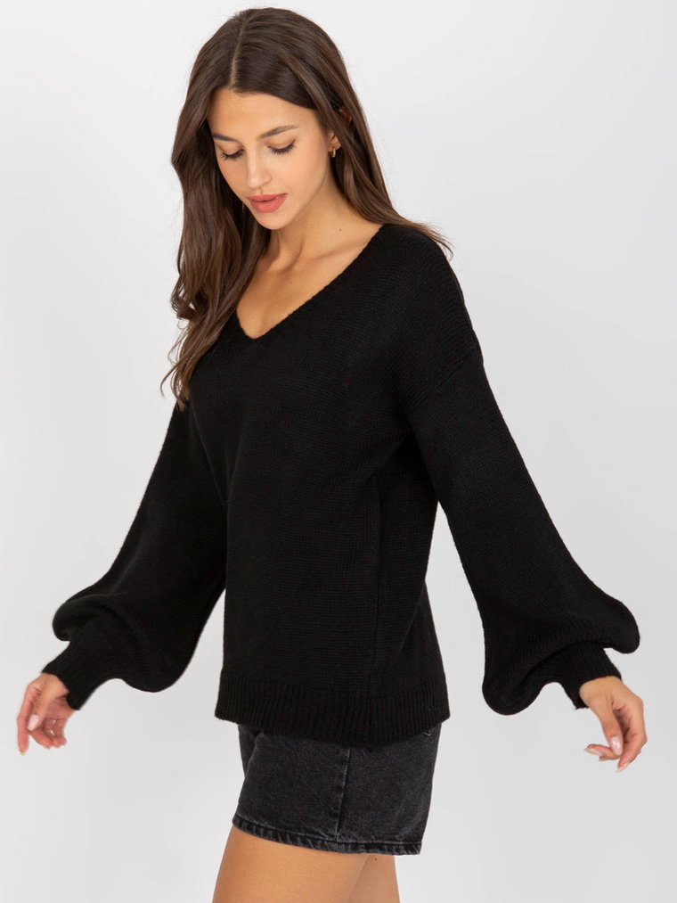 Sweter klasyczny czarny casual dekolt w kształcie V rękaw długi