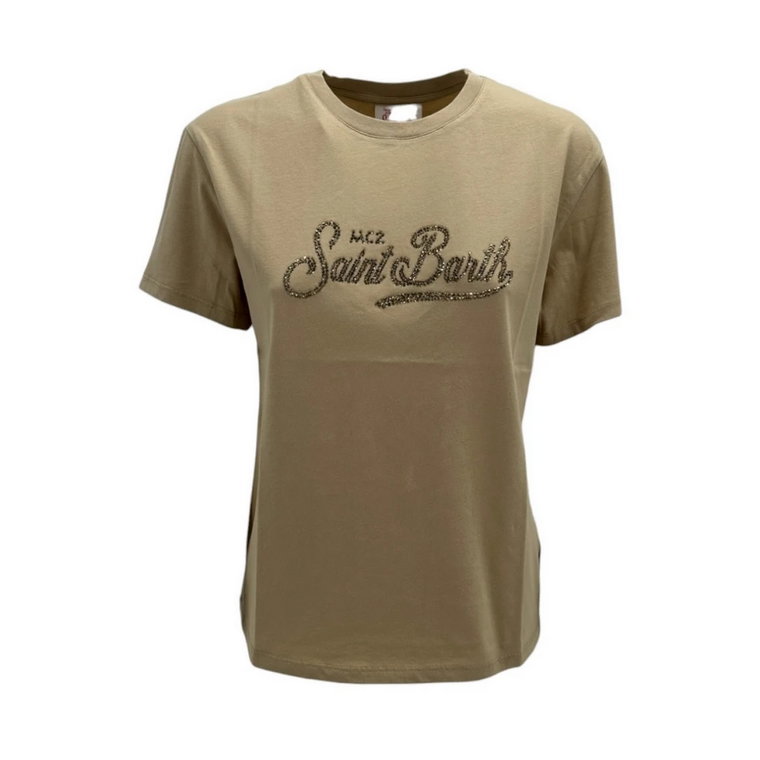 Stylowy Ivory T-shirt z Napisem ze Strass MC2 Saint Barth