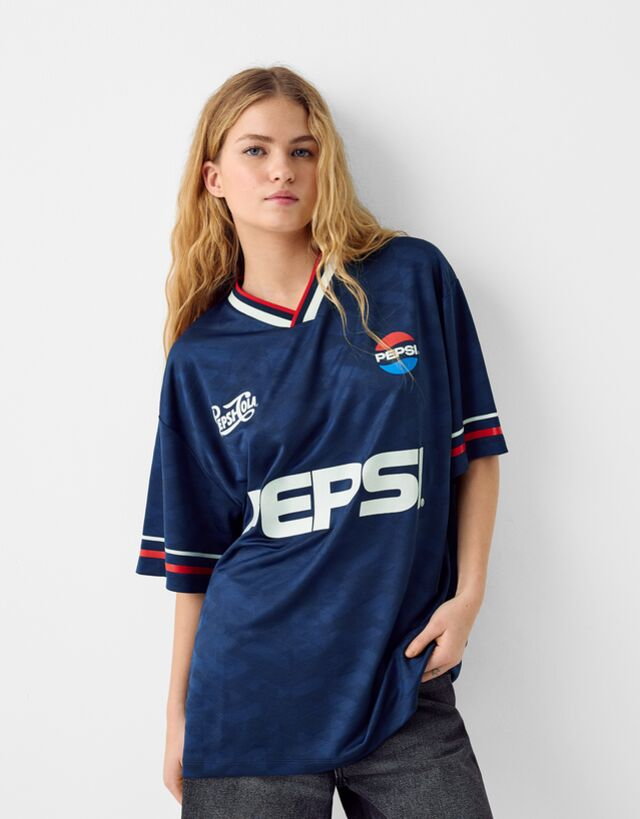 Bershka Sportowa Koszulka Pepsi Z Krótkim Rękawem Kobieta L Granatowy