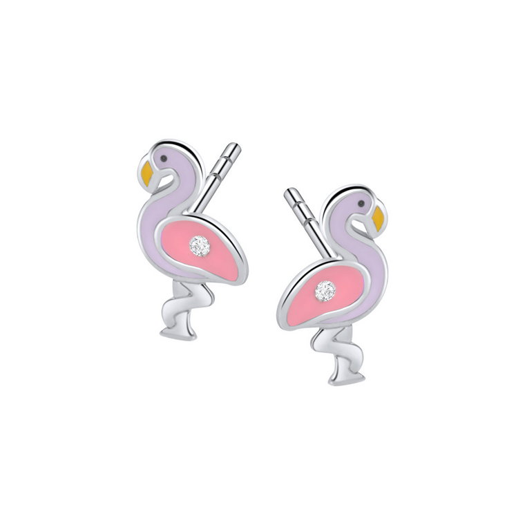 Kolczyki srebrne pokryte kolorową emalią z cyrkoniami - flamingi - Mini