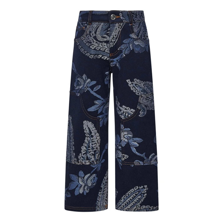 Spodnie jeansowe o szerokich nogawkach dla chłopców w granatowym bawełnianym denimie z nadrukiem Paisley Etro