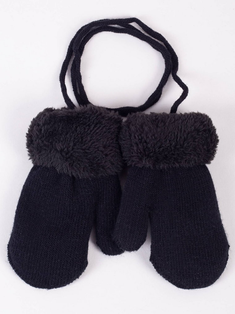 Rękawiczki dziewczęce jednopalczaste ze sznurkiem czarne z futrzanym mankietem 10