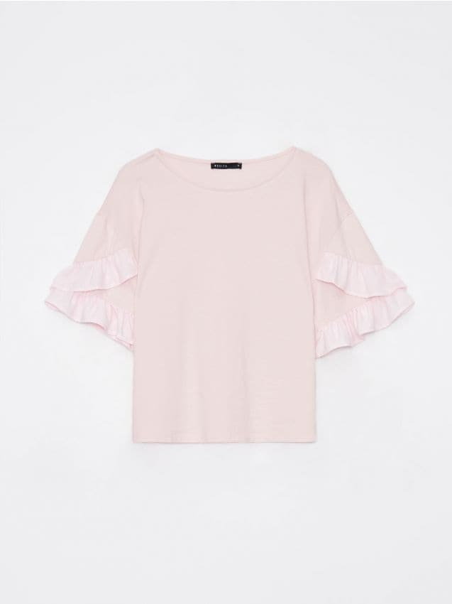 Mohito - Pudrowy t-shirt z falbankami - pastelowy różowy