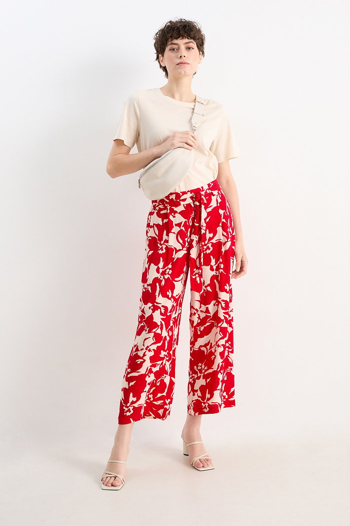 C&A Spodnie materiałowe-wysoki stan-wide leg-w kwiaty, Czerwony, Rozmiar: 40