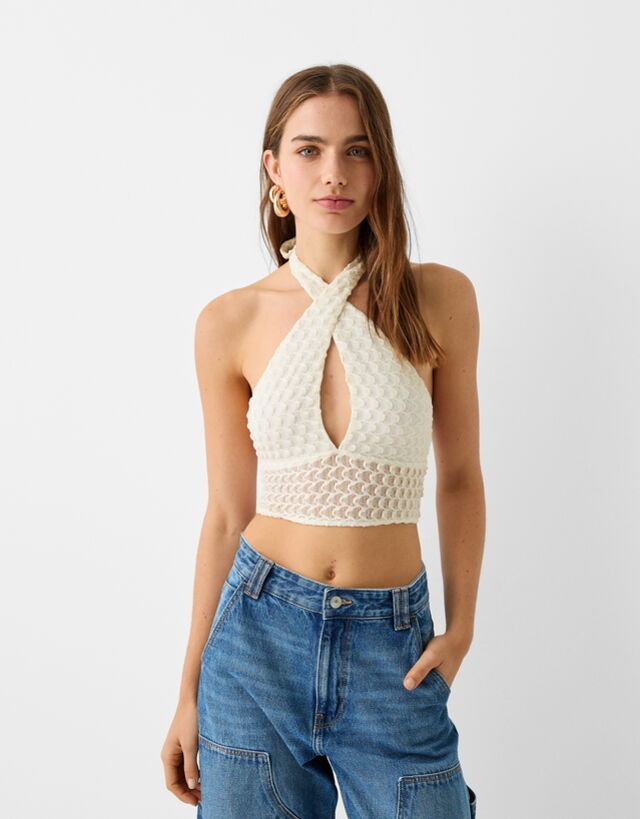 Bershka Kopertowy Top Z Dekoltem Halter Kobieta M Kremowy