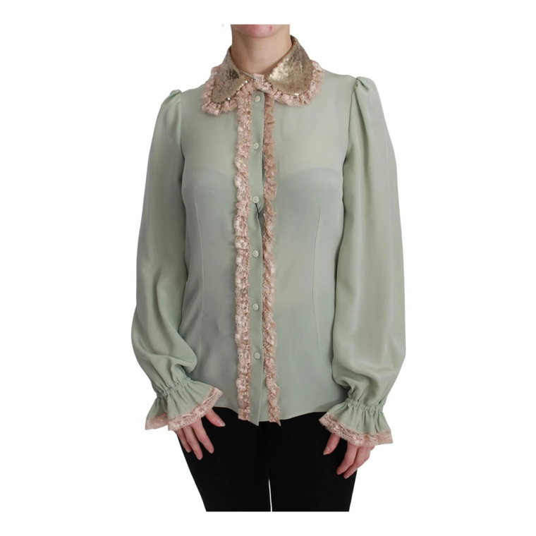 Mint Green Silk Sequin Lace Blouse Shirt Dolce & Gabbana