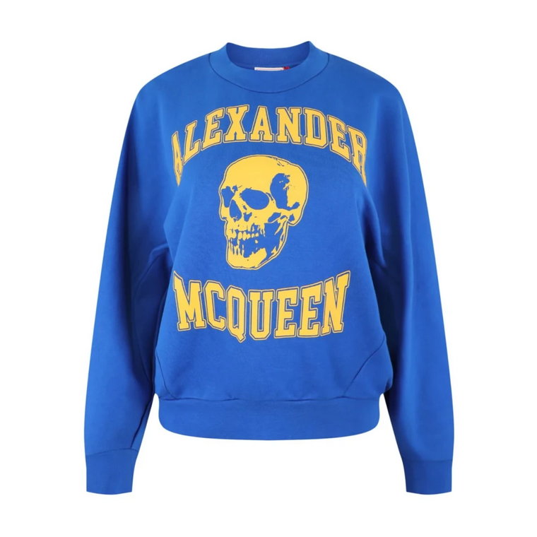 Niebieski Bawełniany Sweter z Nadrukiem na Przedniej Części Alexander McQueen