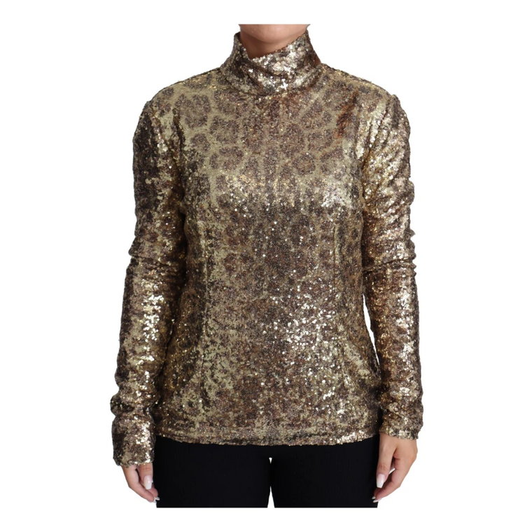 Brown Leopard Fit Turtleneck Sequin Sweater Dolce & Gabbana