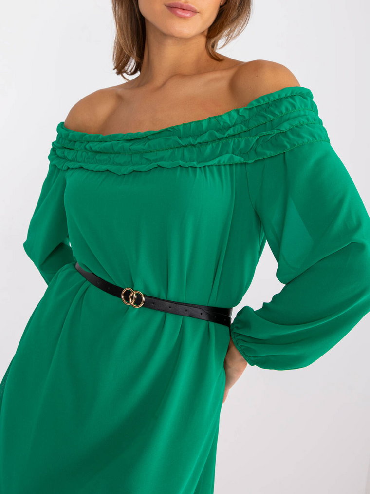 Sukienka hiszpanka zielony casual codzienna dekolt rękaw długi długość mini pasek z podszewką