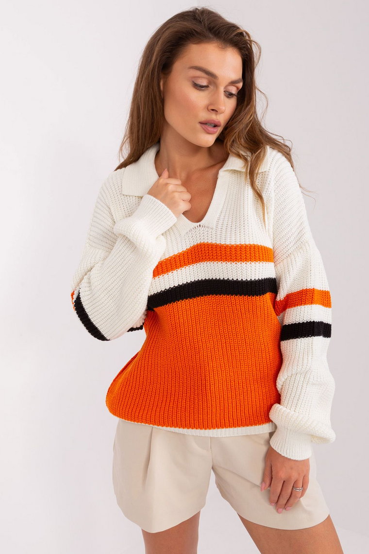 Ecru-pomarańczowy sweter oversize z wełną