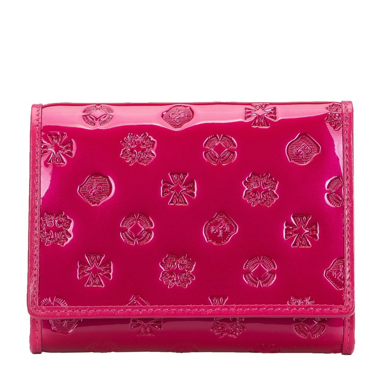 Damski portfel z lakierowanej skóry z monogramem mały różowy