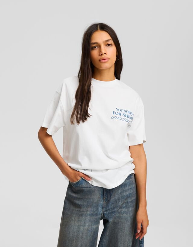 Bershka Koszulka Z Krótkim Rękawem I Nadrukiem Kobieta M Kremowy