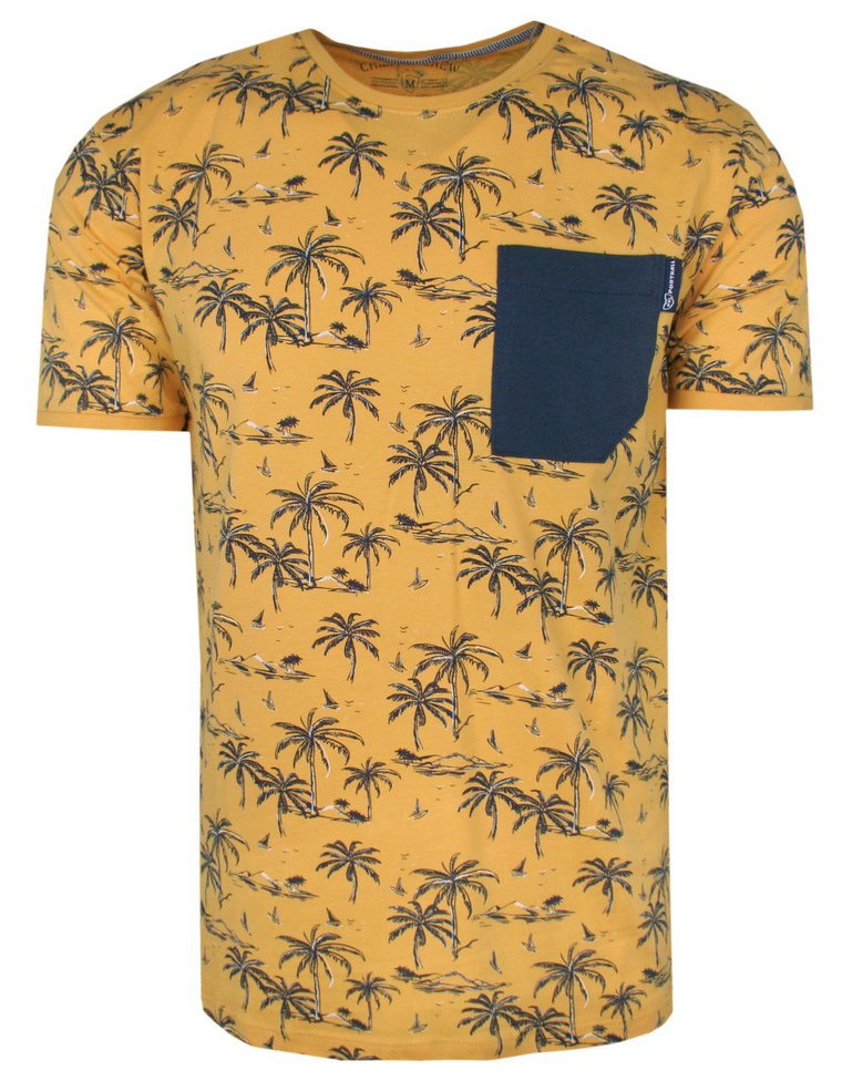 T-Shirt Żółty z Nadrukiem w Palmy, Męski, Koszulka, Krótki Rękaw, U-neck