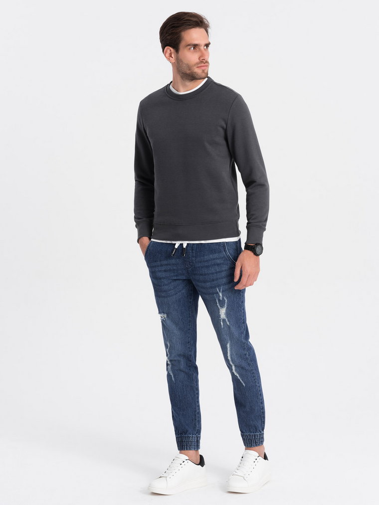 Spodnie męskie JOGGERY jeansowe z przetarciami - niebieskie V3 OM-PADJ-0150