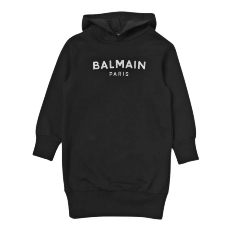 Czarna sukienka z kapturem i haftem logo Balmain