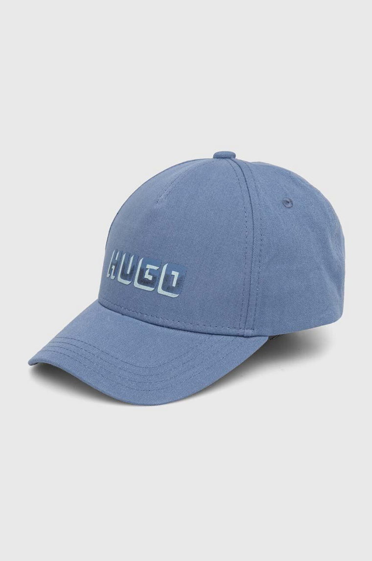 HUGO czapka z daszkiem bawełniana kolor niebieski z nadrukiem 50519245