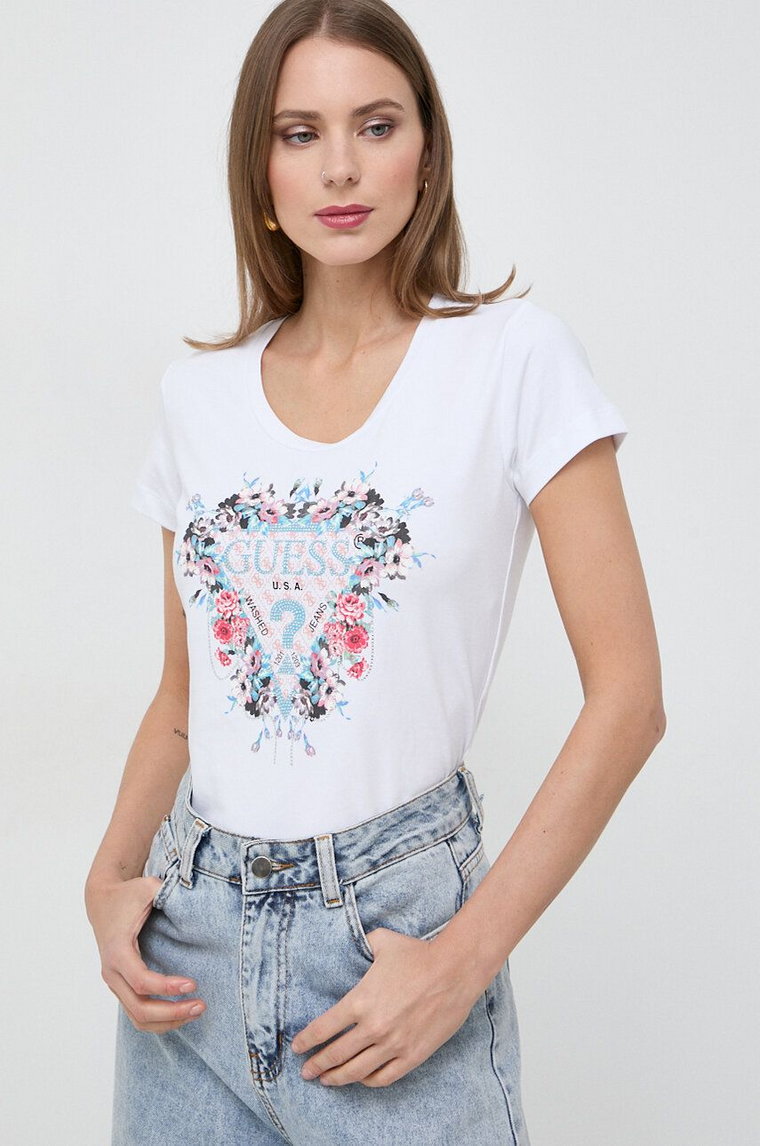 Guess t-shirt FLOWERS damski kolor biały W4RI38 J1314