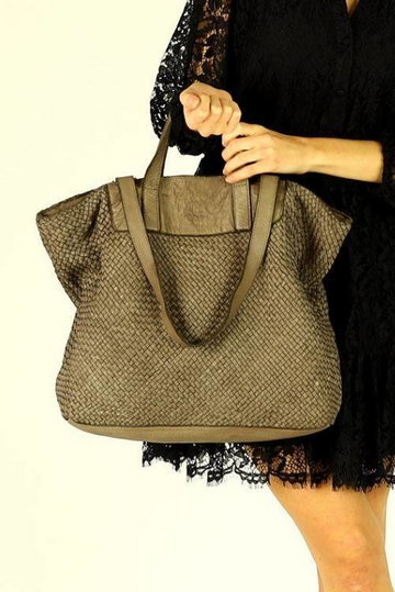Torba damska pleciona shopper & shoulder leather bag - beż taupe