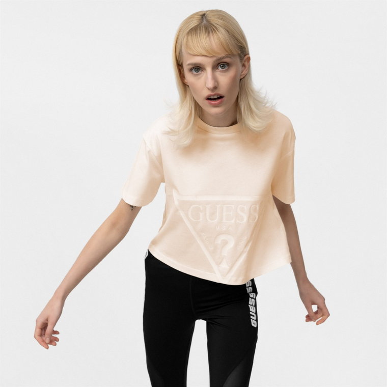 Damski t-shirt crop top z nadrukiem GUESS ADELE - kremowy/ecru