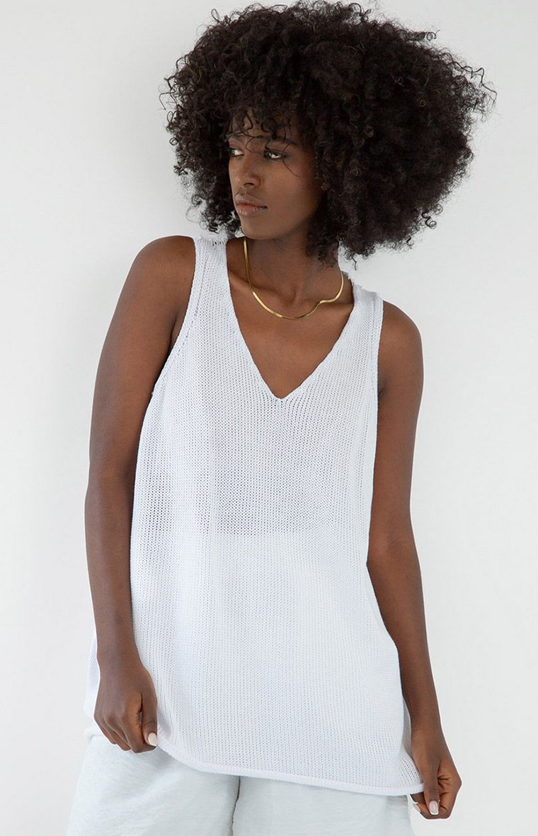 Bluzka damska na ramiączka z dekoltem w serek biała F1873, Kolor biały, Rozmiar one size, Fobya
