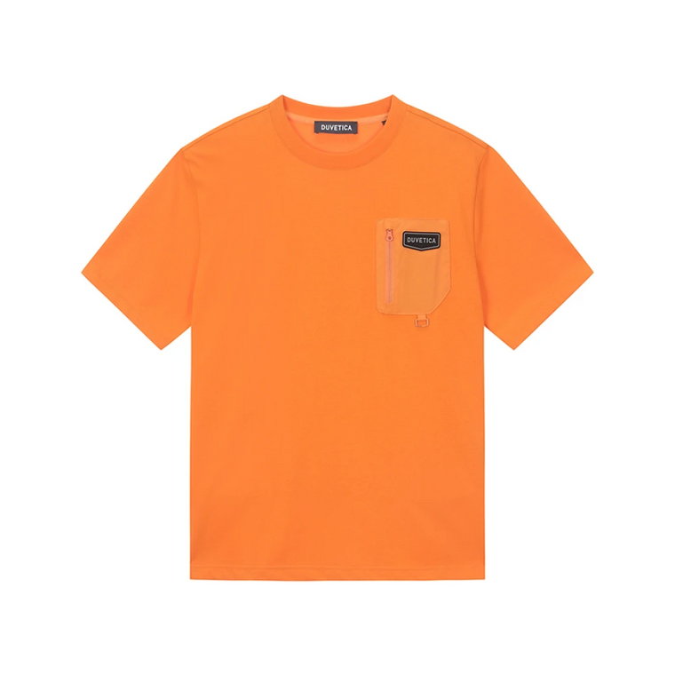 Pomarańczowy T-shirt w Stylu Casual z Kieszenią Duvetica