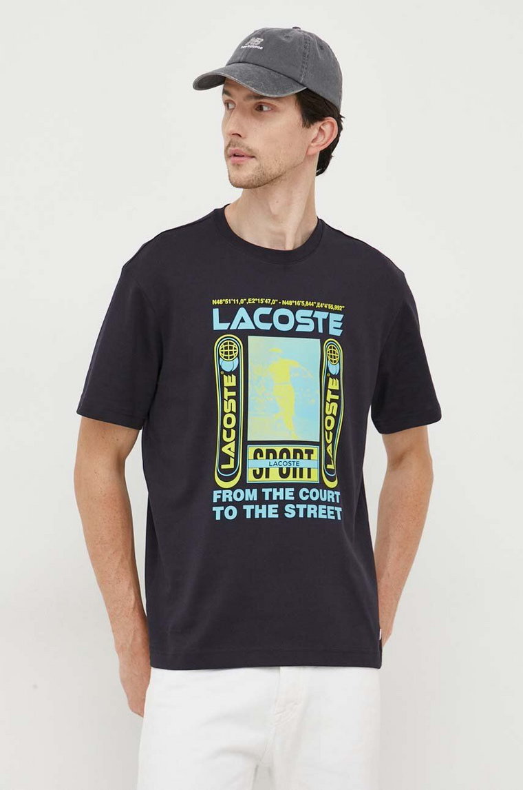 Lacoste t-shirt bawełniany kolor granatowy z nadrukiem