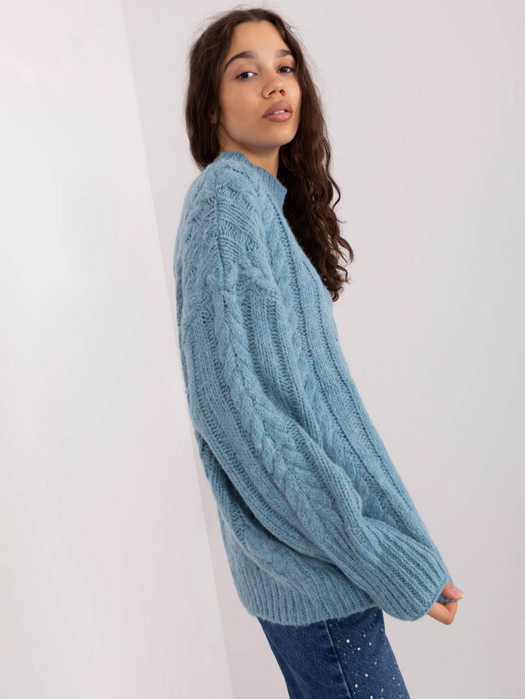 Sweter z warkoczami niebieski casual dekolt półgolf